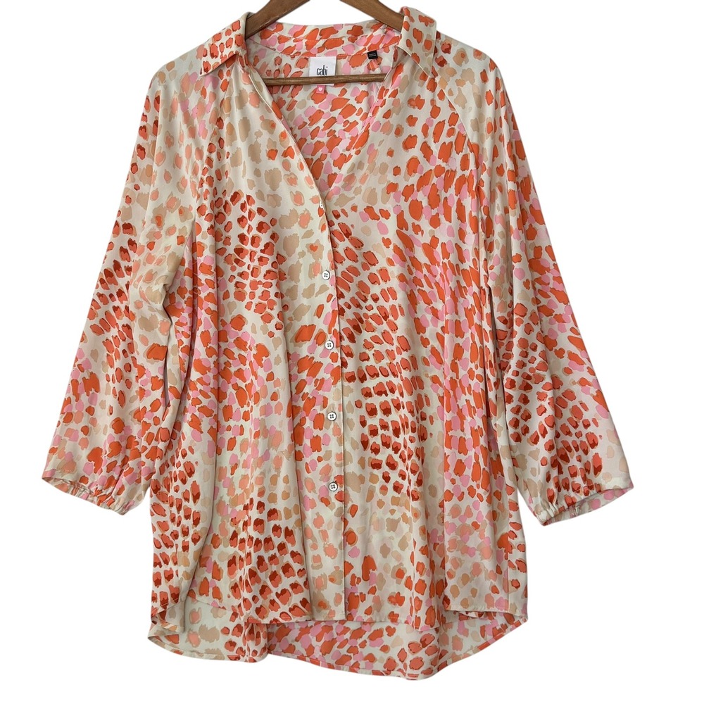 Cabi Button Up Blouse L Orange Pink Leopard Animal Print Style 6081 Tunics
